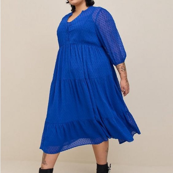 NEW Torrid Maxi Chiffon Clip Dot Pleated Dress Blue Size 0 - Picture 9 of 10